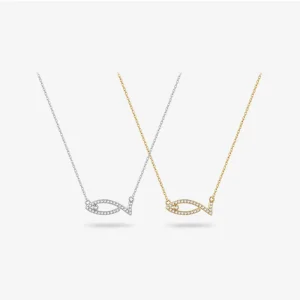 Delicate 925 Silver Fish Ichthys Symbol Pendant Necklace 18K Gold Rhodium Plated Full CZ Paved Birthday Gift