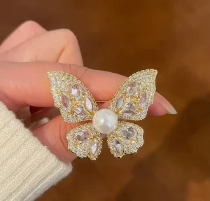 Diamond Butterfly Brooch with Pearl for Suit, Wedding Party