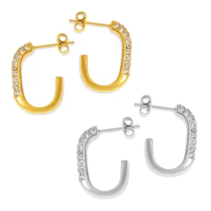 Diamond C-Shaped Hoop Earrings Titanium Steel 18K Gold-Plated