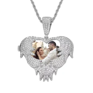 Diamond CZ Love Open Heart Wing Photo Frame Locket Memory Pendant Fashion Jewelry Choker Charms