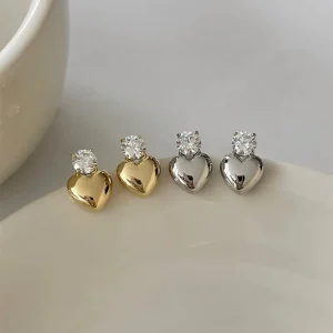 Diamond Heart 18K Gold 925 Sterling Silver Stud Earrings