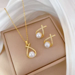 Diamond-Inlaid Cross Pearl Necklace and Earring Set