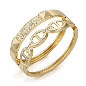 Diamond Paved Double Layer Chain Link Hollow Gold Plated Bangle Chunky Spring Fashion Bracelets Bangles for Women