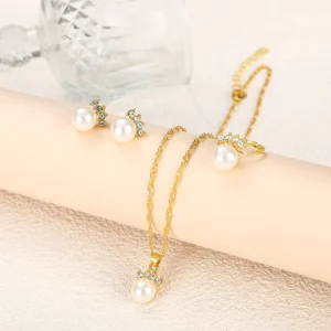 Diamond-Set Alloy Imitation Pearl Jewelry Set, Necklace, Ring and Earrings, 3-Piece for Women