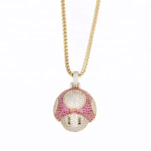 Diamond Zircon Mushroom Pendant Necklace, Gold-Plated Brass, Children’s Jewelry