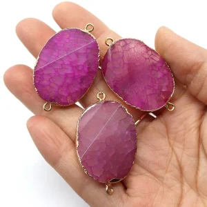 Double-Buckle Plated-Edge Natural Fire Agate Crystal Pendant Connectors for Jewelry Making