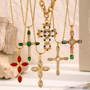 Double European Style Cross Necklace with Colored Gemstones and Pearls, Waterproof Stainless Steel