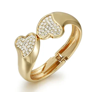 Double Heart Full Rhinestone Wide Gold Plated Cuff Bangle Bracelet for Women