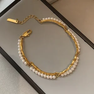 Double-Layer Brass 18K Gold-Plated Pearl Bead Bracelet for Women