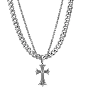 Double-Layer Titanium Steel Cross Pendant Necklace for Men with Full Diamond Detail