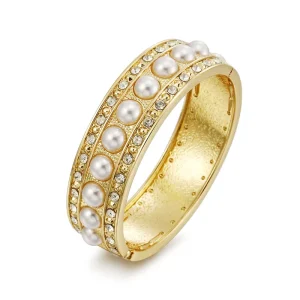 Double-Line Pearl Rhinestone Wide Gold Plated Bangle Bracelet for Women
