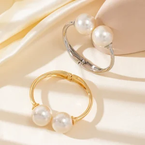 Double Pearl Open Hinged Cuff Bracelet, Gold or Silver, Faux Pearl