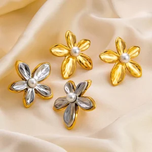Dual-Color Floral Pearl Stainless Steel 18K Gold Earrings