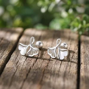 ED421 925 Silver Rhodium Plated Ginkgo Leaf Stud Earrings