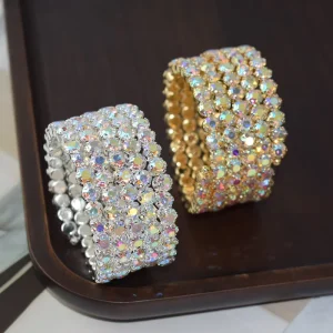 Elastic 18k Gold Plated Diamond Crystal Tennis Wrap Bracelet Wide 5 Rows Rhinestone Stretch Cuff Bracelet