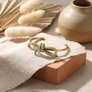 Electroplated Stainless Steel Green Oil-Drip Bow Bracelet Bangle