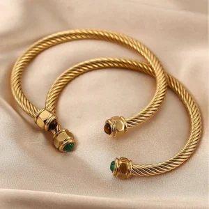 Electroplated Stainless Steel Women’s Bangle with Natural Stone Accents