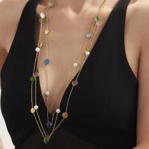 Elegant Gold Chain Pearl Pendent Multi element New Stone Bead Necklace Fashionable Fine Jewelry square Layering