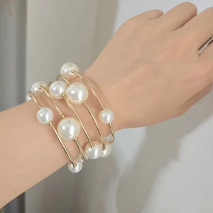 Elegant Multi-Layer Pearl Bangle Bracelet Gold-Tone Beaded Cuff Jewelry Fashion Accessory for Women Girls Gift