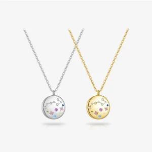 Elegant Multicolor CZ Motif Disc Pendant Necklace Solid 925 Silver 18K Gold Rhodium Plated Astrology Jewelry