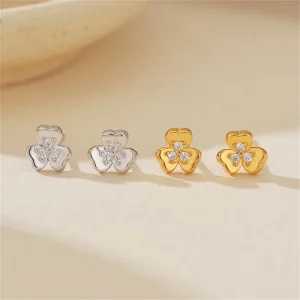 Elegant Three Leaf Clover CZ Stud Earrings Solid 925 Sterling Silver 18K Gold Rhodium Plated
