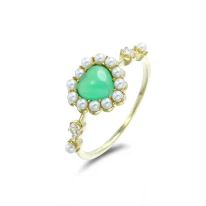 Emotional Factory 9K Solid Gold Gemstone Pearl Heart Apple Green Chrysoprase Luxury Jewelry Ring for Women
