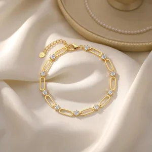 Engagement Wedding Paperclip Chain Bracelet Set with 3.0mm D Color VVS Moissanite, 925 Silver Gold Plated