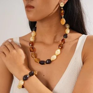 Ethnic Resin Oval-Bead Sweater Chain Necklace Gold-Plated