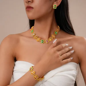 European American Medieval Vintage Enamel Collar Chain Geometric Necklace Bracelet Earrings Jewelry Set