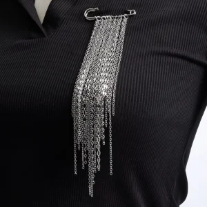 European American Multi-Tassel Steel-Color Metal Chain Brooch Pin, Unisex