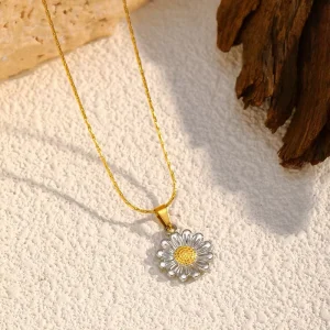 European American Style Sunflower Pendant Necklace for Women, Electroplated Bamboo Chain