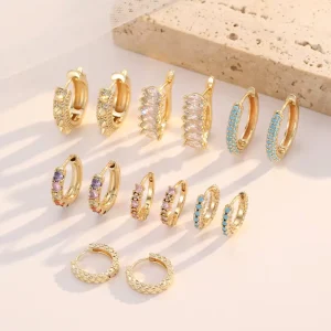 European American Vintage Punk Stud Hoop Earrings 14K Gold-Plated Simple Micro-Paved Zircon