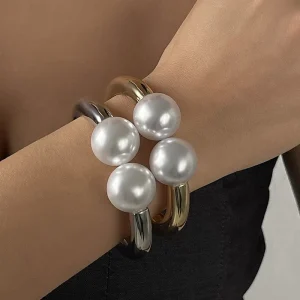 European American-style Statement Pearl Open-end Bracelet Trendy Geometric Niche Design Bold Heavy Alloy Bangle