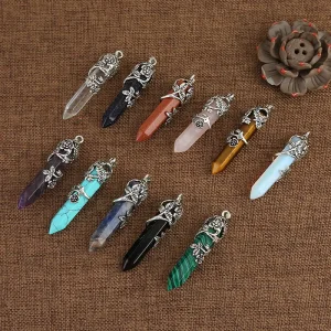 European and American Natural Stone Crystal Single pointed Hexagonal Pendant Accessories Rose plum Necklace Jewelry
