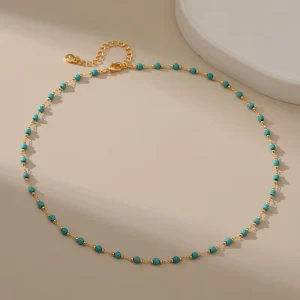 European and American Style Copper-Plated Turquoise Handmade Beaded Chain Necklace, Unisex
