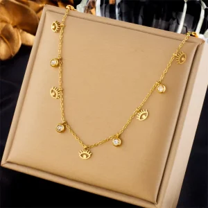 Evil Eye and Crystal Charm Stainless Steel Pendant Necklace Gold Tone Choker