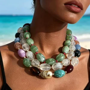 Exaggerated Colorful Women’s Necklace Rainbow Chain Marble Amber Round Beads Handmade Beaded Necklace
