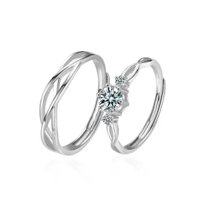 FJZ116 Unisex Wedding Cross Ring Set, Copper Resizable Moissanite Rhodium-Plated Jewelry