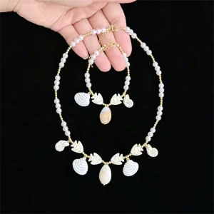 FM LAN1170 Pearl Bead Necklace with White Enamel Shell Charms, Gold Plated Copper