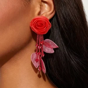 Fabric Boho Flower Bead Tassel Earrings
