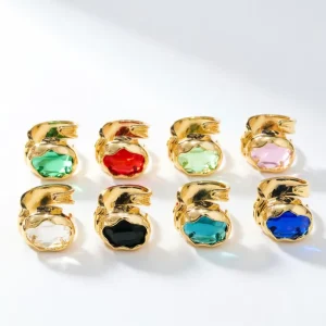 Faceted Multicolor Crystal Adjustable Ring with 18K Gold-Plated Irregular Bezel