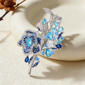 Factory Custom Brass Alloy Blue Flower Brooch Pin Silver Plated with Multi-Shade Blue CZ Crystal