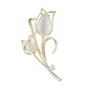 Factory Custom Luxury Fashion Accessory Real Gold Plated Brass Alloy Cat Eye Stone Double Tulip Flower Brooch