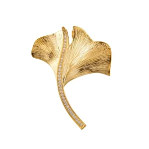 Factory Custom Luxury Fashion Accessory Real Gold Plated Brass Alloy Cubic Zirconia Double Ginkgo Leaf Brooch