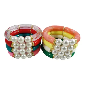 Factory Direct Curved Tube Elastic Colorful Acrylic Bamboo String 3-Pearl Bead Bracelet for Women and Girls