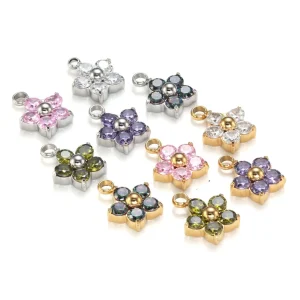 Factory Directly Gold & Silver Colorful 11mm Zirconia Stainless Steel Flower Charm Pendant for DIY Jewelry Making
