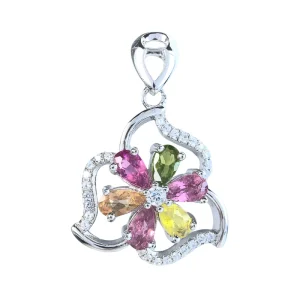 Factory Rhodium Plated Silver 925 Natural Tourmaline Flower Pendant for Women Fine Pendants Charms