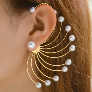 Fan-Shape Pearl Gold-Plated Earrings Geometric Studs