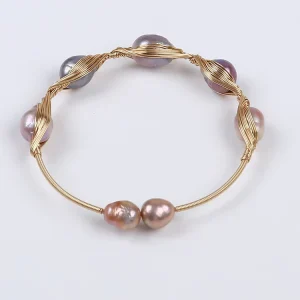 Fashion Baroque Edison Shape Freshwater Pearl Gold Wire Bracelets Bangle for Woman