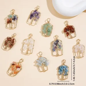 Fashion Children’s Trendy Natural Stone Fluorite Amethyst Chakra Tree Style Pendant Necklace Party Gift DIY Jewelry Making